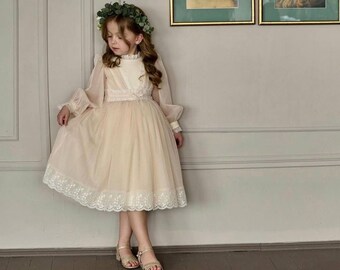 Toddler Ivory Easter lace dress for baby girl, Christening gown boho frock for newborn and infant, Baptism and Flower girl outfit