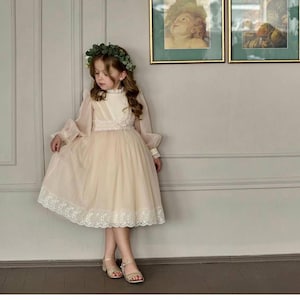 Flower girl wedding dress for baby girl and toddler, Ivory Christening gown boho lace frock for newborn infant, Easter and flowergirl outfit