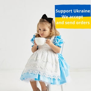 Sukienka dla niemowląt Alicja, Niebieska sukienka dla dziewczynki, Sukienka dla malucha Wonderland, Kostium cosplay, Sukienka z fartuchem, Wielkanoc, Eid, Sukienka na przyjęcie urodzinowe