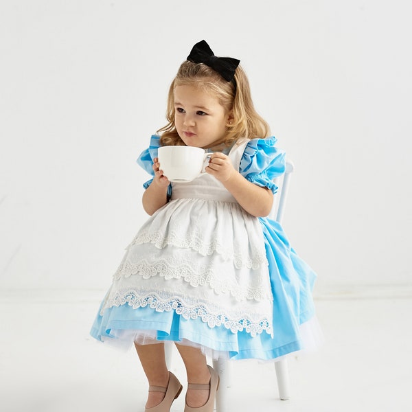 Alice baby girl Eid dress, Blue toddler frock with apron, Cosplay costume, Easter, Christmas, Wonderland Birthday party dress