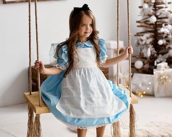 Kleinkind Alice Kleid, Fee Kleid, Blau Mädchen Kleid, Wunderland Kleid, Geburtstags-Party Halloween Kleid, Ostern Kleid mit Schürze