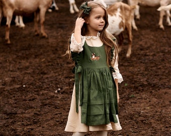 Linen vintage dress for baby girl, ethnic set of apron and sundress with embroidered deer