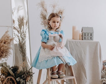 Alice toddler fairy dress, Blue girl dress, Wonderland, Fairy Toddler dress with apron, Easter, Halloween, Birthday party toddler frock