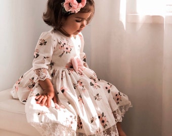 Floral toddler girl Eid dress made from white organic cotton, 1st birthday girl Easter summer outfit, newborn outfit
