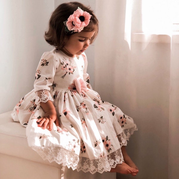 Vintage Easter floral cotton dress for baby girls and toddlers, classic retro organic cotton summer frock