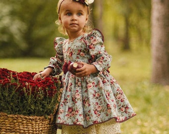 Floral Eid dress for baby girl and toddler, Vintage cotton dress, Retro Clothes, First Birthday Outfit