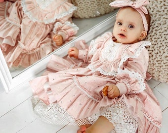 Pink vintage girl Eid dress, ruffle baby floral Easter cotton frock, newborn 1st Birthday outfit, kids dress, baby shower