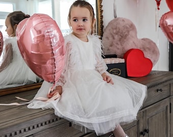 Elegant White Baby Girl Christmas Dress With Feathers, Easter toddler dress, Vintage Festive Dress, Princess Newborn Dress