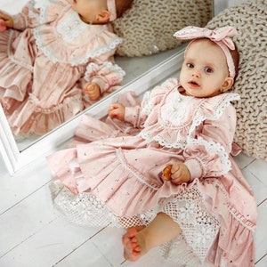 Vestido de Páscoa vintage rosa para menina, vestido floral com babados para bebê, roupa de aniversário de 1 ano para recém-nascido, vestido infantil, chá de bebê, vestido de algodão
