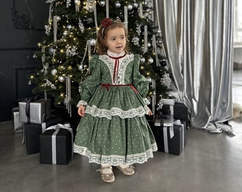 Green Christmas baby girl dress, Dotted festive toddler frock, Holiday costume, Birthday party outfit