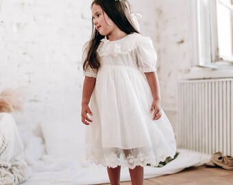 Flower girl dress for toddler baby girl, Clear white flowergirl boho lace baptism  frock for newborn and infant