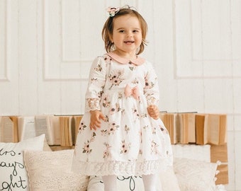 Flowergirl dress for baby girl from white organic cotton, 1st birthday outfit, toddler classic dress, newborn frock