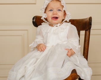 Christening boho gown with beanie hat for toddler baby girl, newborn baptism lace infant dress, clear white flowergirl frock