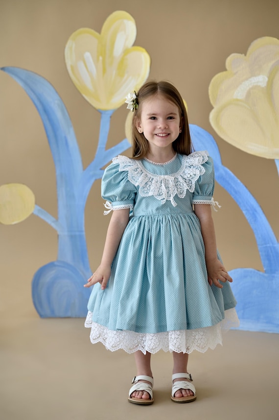 Blue Easter Dress for Baby Girl and Toddler, Gown Lace Frock for Newborn and Infant, Birthday Party Outfit