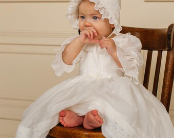 Baptism dress with beanie hat for toddler baby girl, newborn Christening gown boho lace infant frock, clear white flowergirl outfit