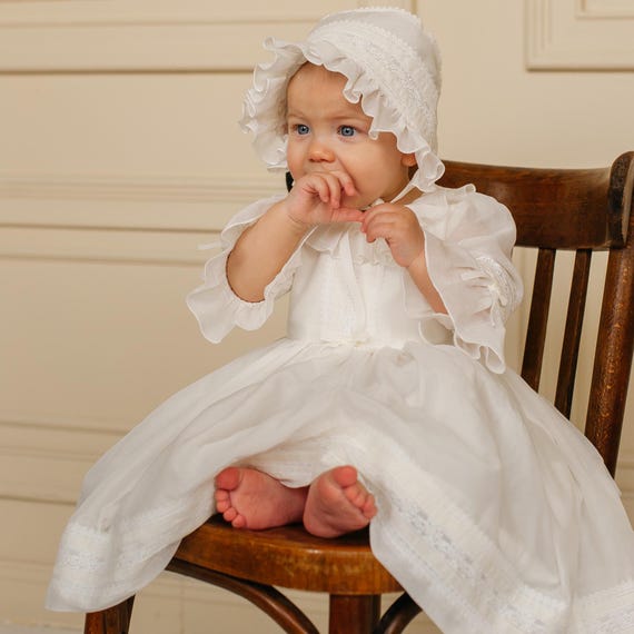 infant boho dress Newborn Easter boho dress with beanie hat for toddler baby girl, Christening gown lace infant frock, clear White flowergirl outfit