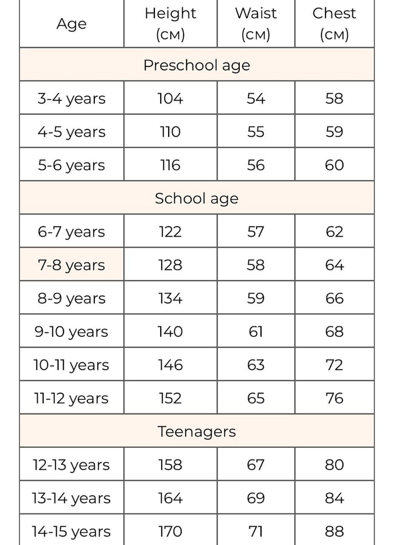 May include: A chart showing average height, waist, and chest measurements for children and teenagers, categorized by age in years. Measurements are in centimeters.