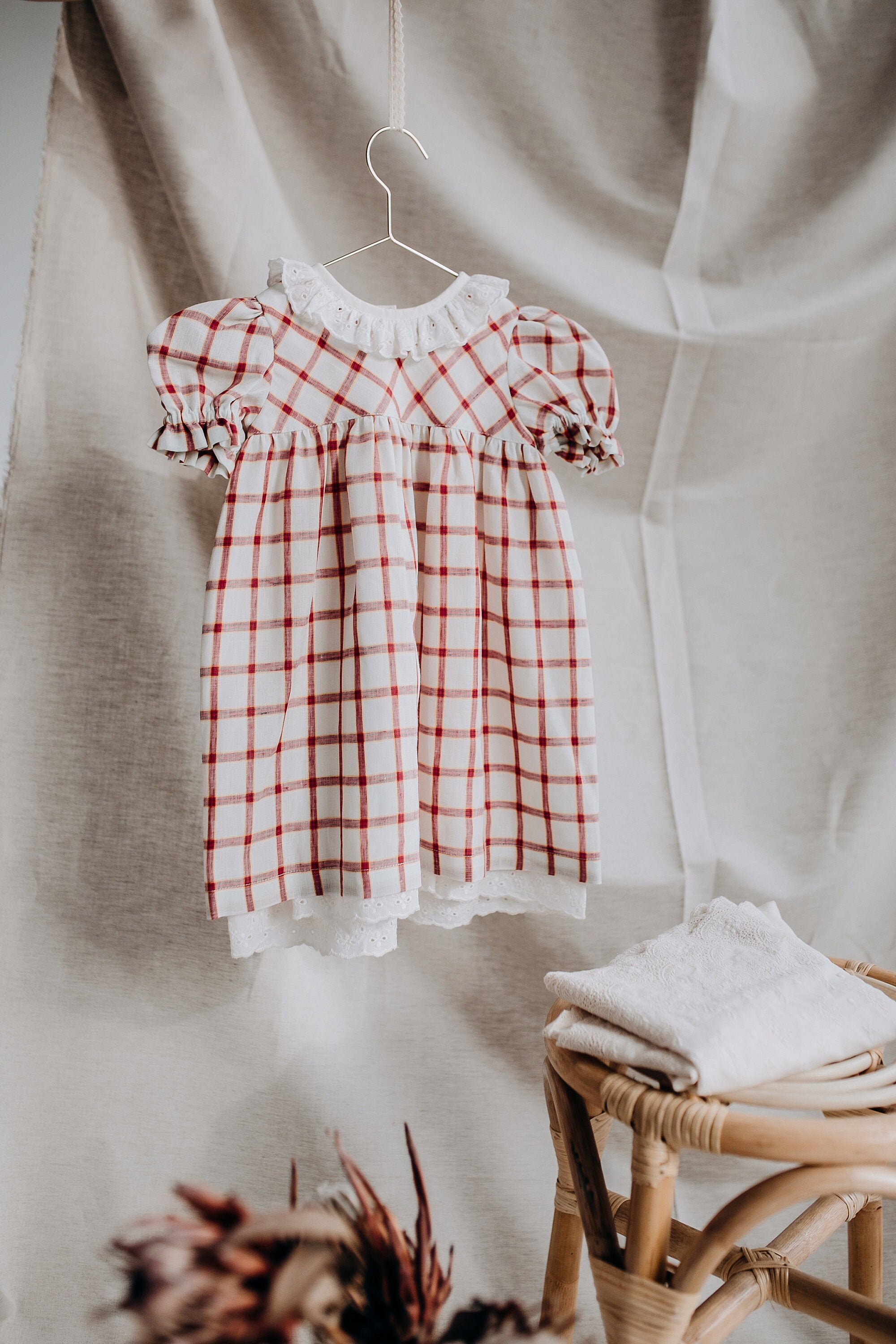 Baby girl checkered dress White girl dress Vintage brown Etsy