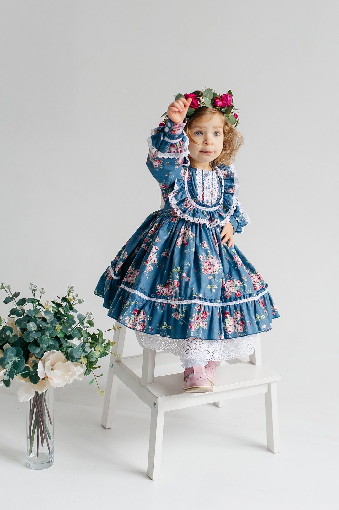 Vintage Easter Baby Girl Dress Blue Cotton With Flower Print, Retro