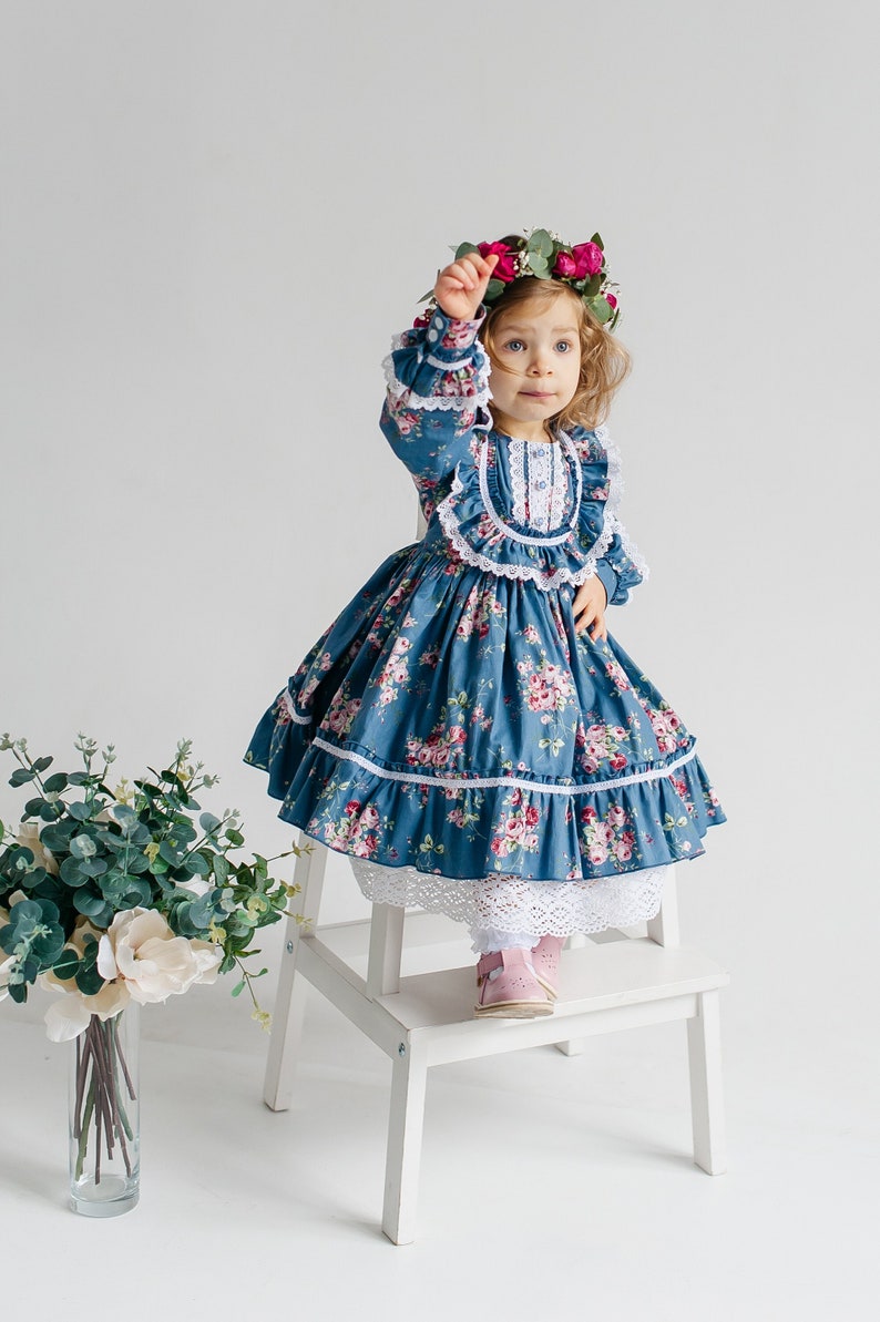 Vintage Eid baby girl dress blue cotton with flower print, retro Birthday floral dress, Easter baby floral frock image 1