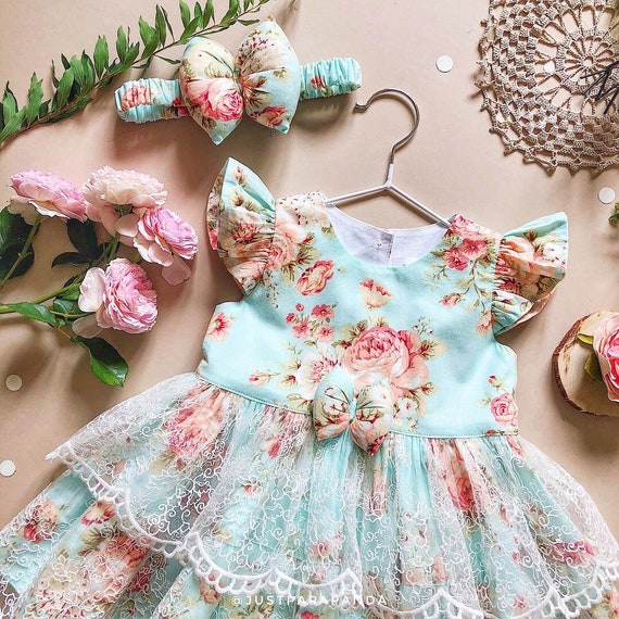 Retro dress of blue cotton with Flower print and lace Baby outfit Vintage kids frock Wedding Baby dress Birthday gift Flower girl dress
