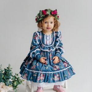 Vintage Eid baby girl dress blue cotton with flower print, retro Birthday floral dress, Easter baby floral frock image 4