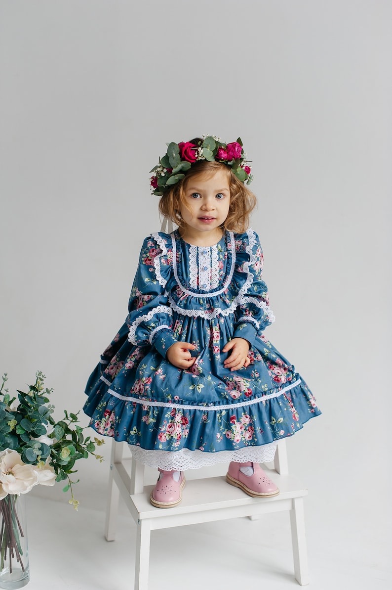 Vintage Eid baby girl dress blue cotton with flower print, retro Birthday floral dress, Easter baby floral frock image 4