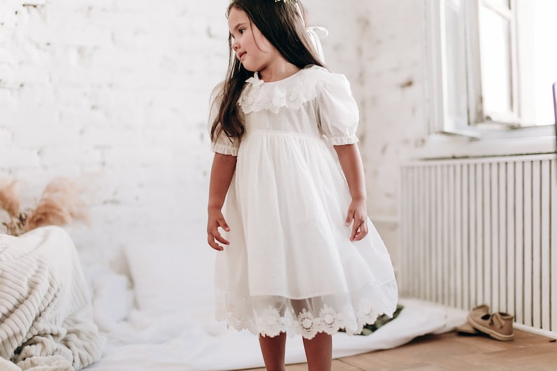 Baptism dress for baby girl and toddler, Clear white Christening gown boho lace frock for newborn and infant image 7