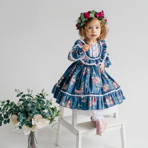 Vintage Eid baby girl dress blue cotton with flower print, retro Birthday floral dress, Easter baby floral frock image 5