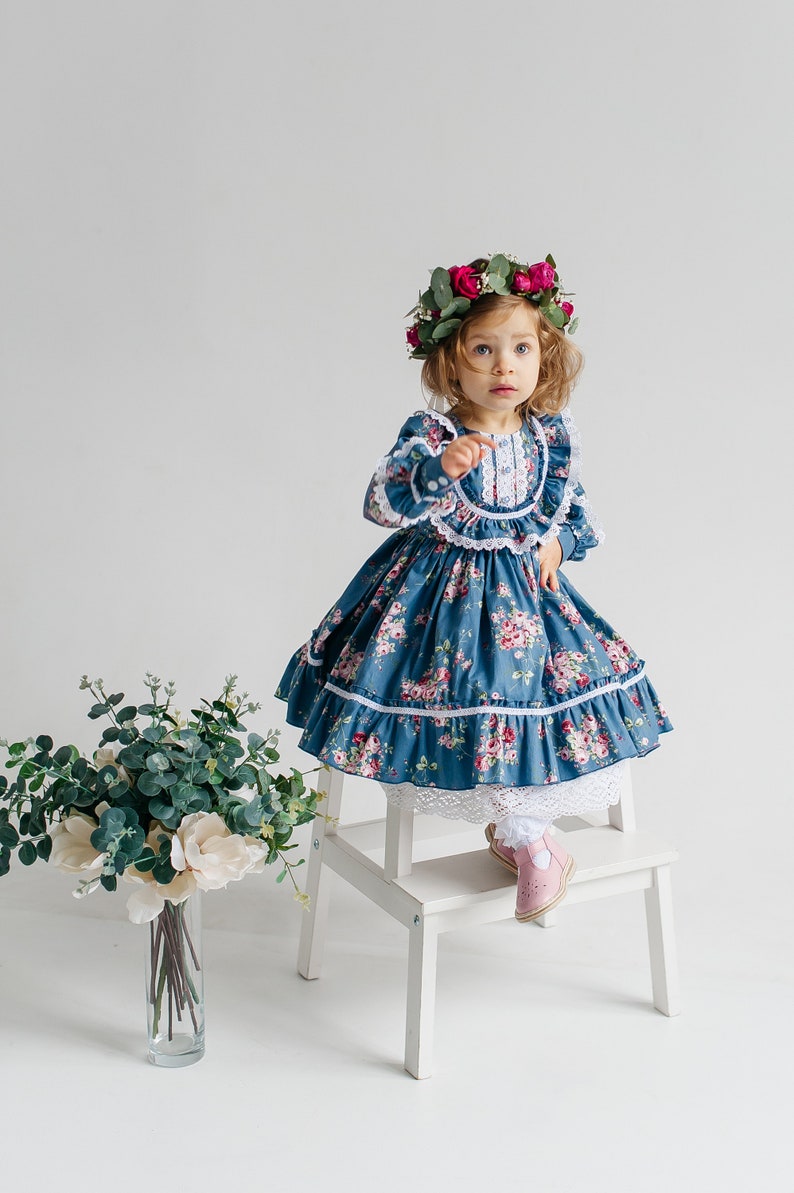 Vintage Eid baby girl dress blue cotton with flower print, retro Birthday floral dress, Easter baby floral frock image 5