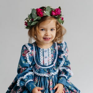 Vintage Eid baby girl dress blue cotton with flower print, retro Birthday floral dress, Easter baby floral frock image 3