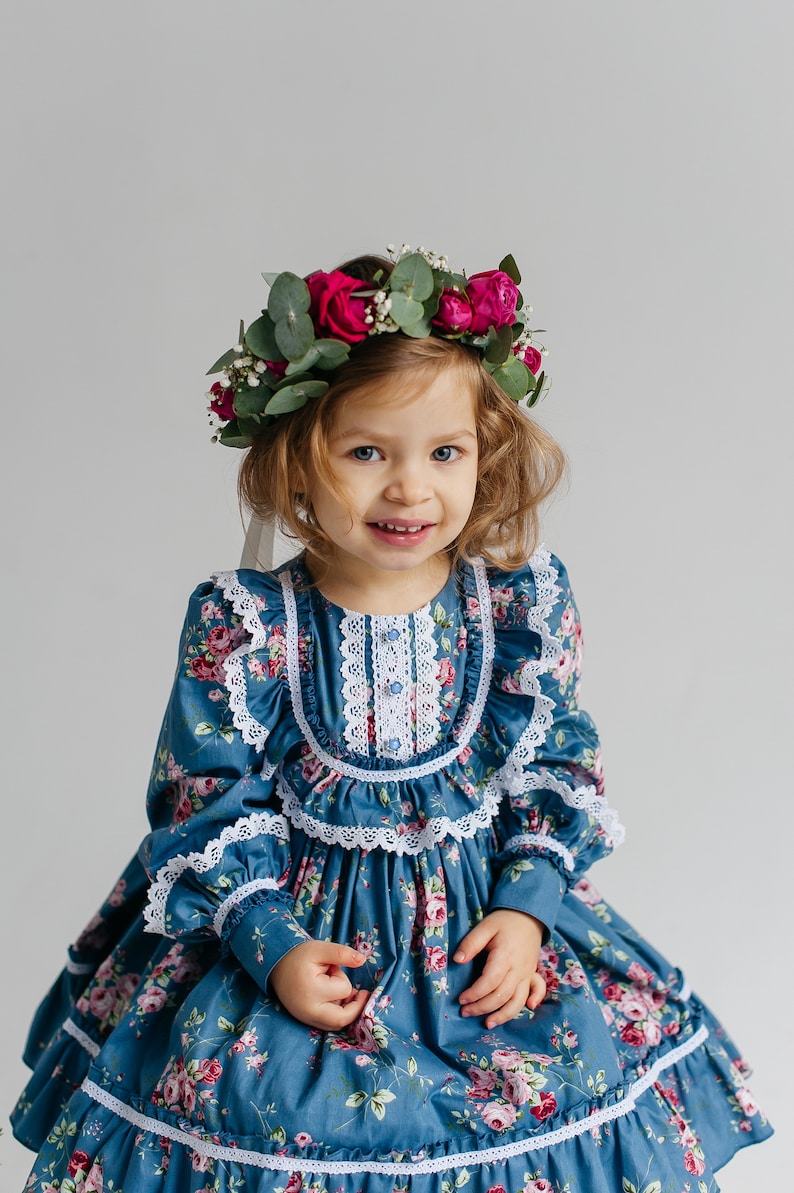 Vintage Eid baby girl dress blue cotton with flower print, retro Birthday floral dress, Easter baby floral frock image 3