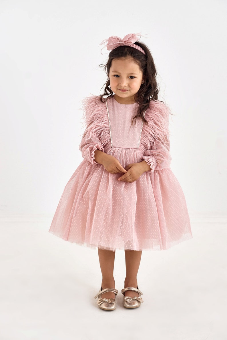 Elegant Fluffy Pink Baby Girl Dress With Feathers Christmas Etsy