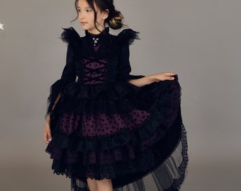 Halloween witchy baby girl lace dress, witch black toddler dress, baby girl fairy tale frock, Birthday party dress