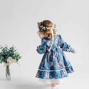 Vintage Eid baby girl dress blue cotton with flower print, retro Birthday floral dress, Easter baby floral frock image 6