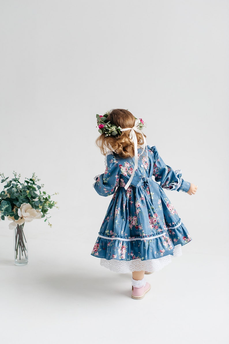 Vintage Eid baby girl dress blue cotton with flower print, retro Birthday floral dress, Easter baby floral frock image 6