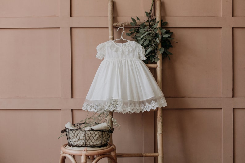 Baptism dress for baby girl and toddler, Clear white Christening gown boho lace frock for newborn and infant image 5