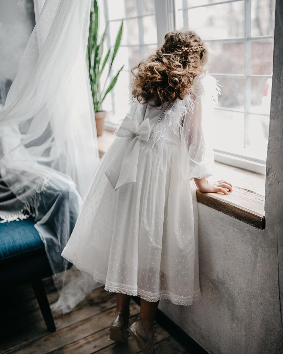 Elegant Fluffy White Baby Girl Dress With Feathers Christmas Etsy