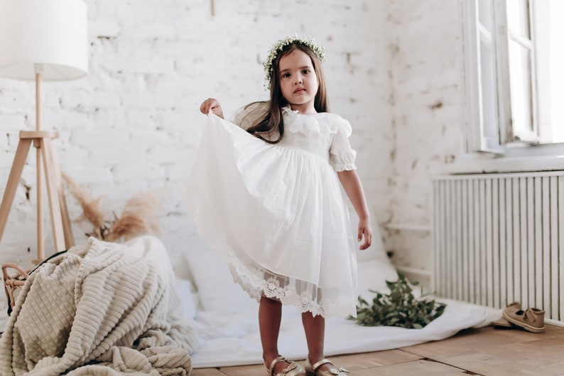 Baptism dress for baby girl and toddler, Clear white Christening gown boho lace frock for newborn and infant image 4