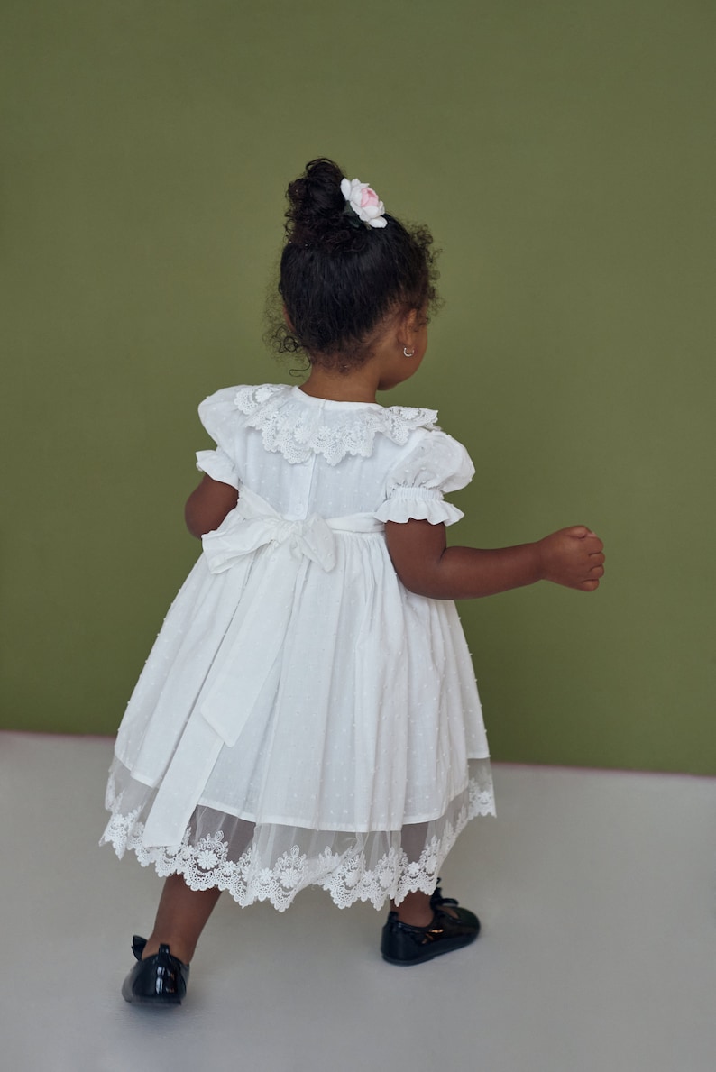 Baptism dress for baby girl and toddler, Clear white Christening gown boho lace frock for newborn and infant image 3