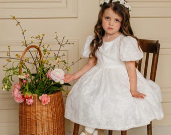 Boho toddler flower girl dress for baby girl, Christening gown lace infant frock, clear white flowergirl outfit, baby shower gift
