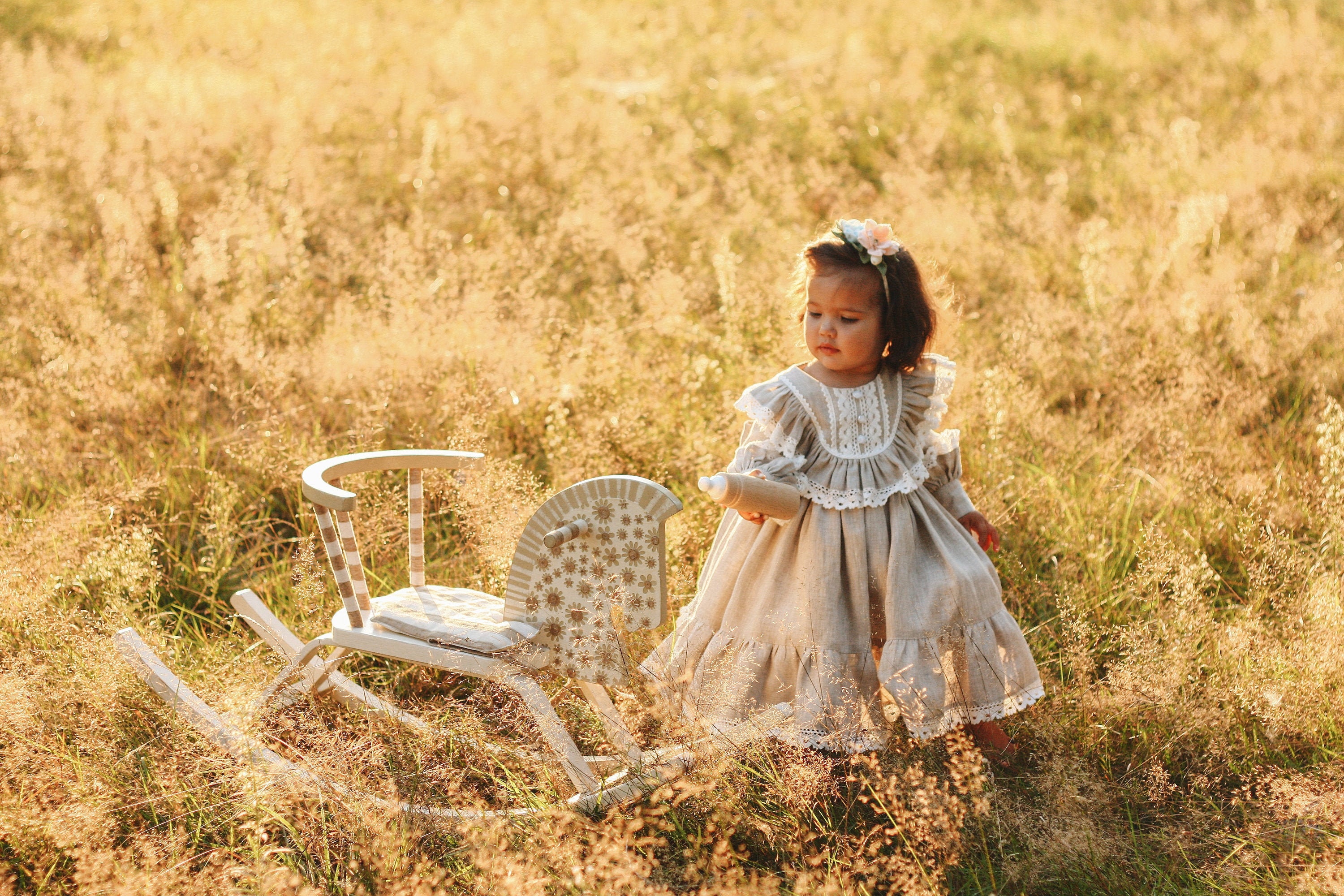 Abito Autunnale Per Bambina In Cotone E Lino Manica Lunga Con Volant - Goodplayer