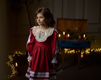 Abito Bambina Natale Schiaccianoci &ndash; Vestitino In Velluto Ricamato Colore Fum&egrave; (verde), Manica Corta
