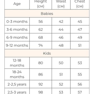May include: A chart showing the average height, waist, and chest measurements for babies and children from 0-3 months to 2.5-3 years old. Measurements are in centimeters.