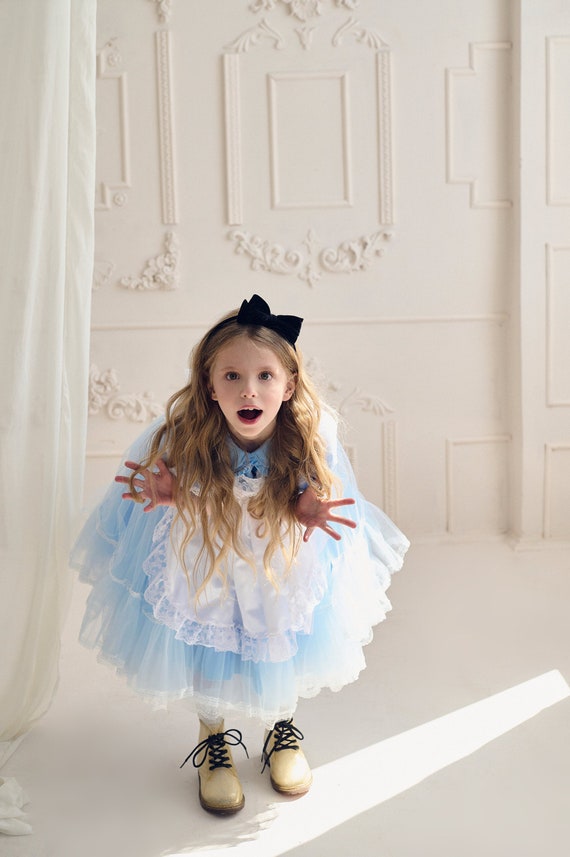 First Birthday Alice toddler tulle dress with apron, Blue girl lace dress, Cosplay Wonderland teenage costume, Easter, Birthday party dress