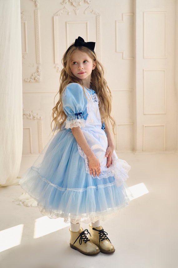 Alice Halloween Baby Girl Dress with Apron, Blue Toddler Lace Wonderland Dress, Cosplay Teenage Costume, Easter, Birthday Party Dress