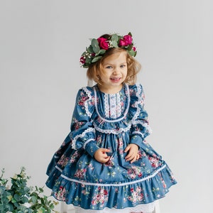 Vintage Eid baby girl dress blue cotton with flower print, retro Birthday floral dress, Easter baby floral frock image 2