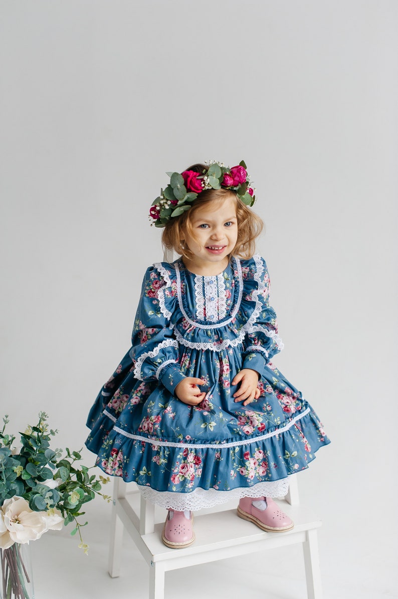 Vintage Eid baby girl dress blue cotton with flower print, retro Birthday floral dress, Easter baby floral frock image 2