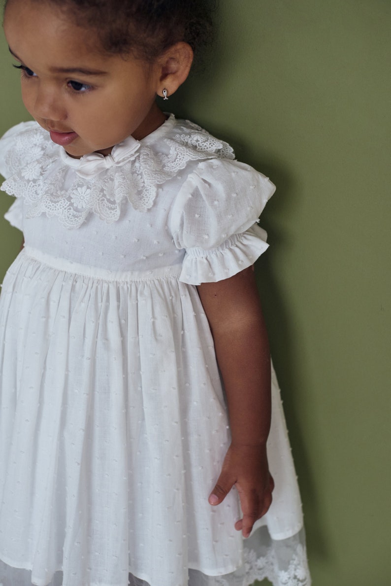 Baptism dress for baby girl and toddler, Clear white Christening gown boho lace frock for newborn and infant image 2