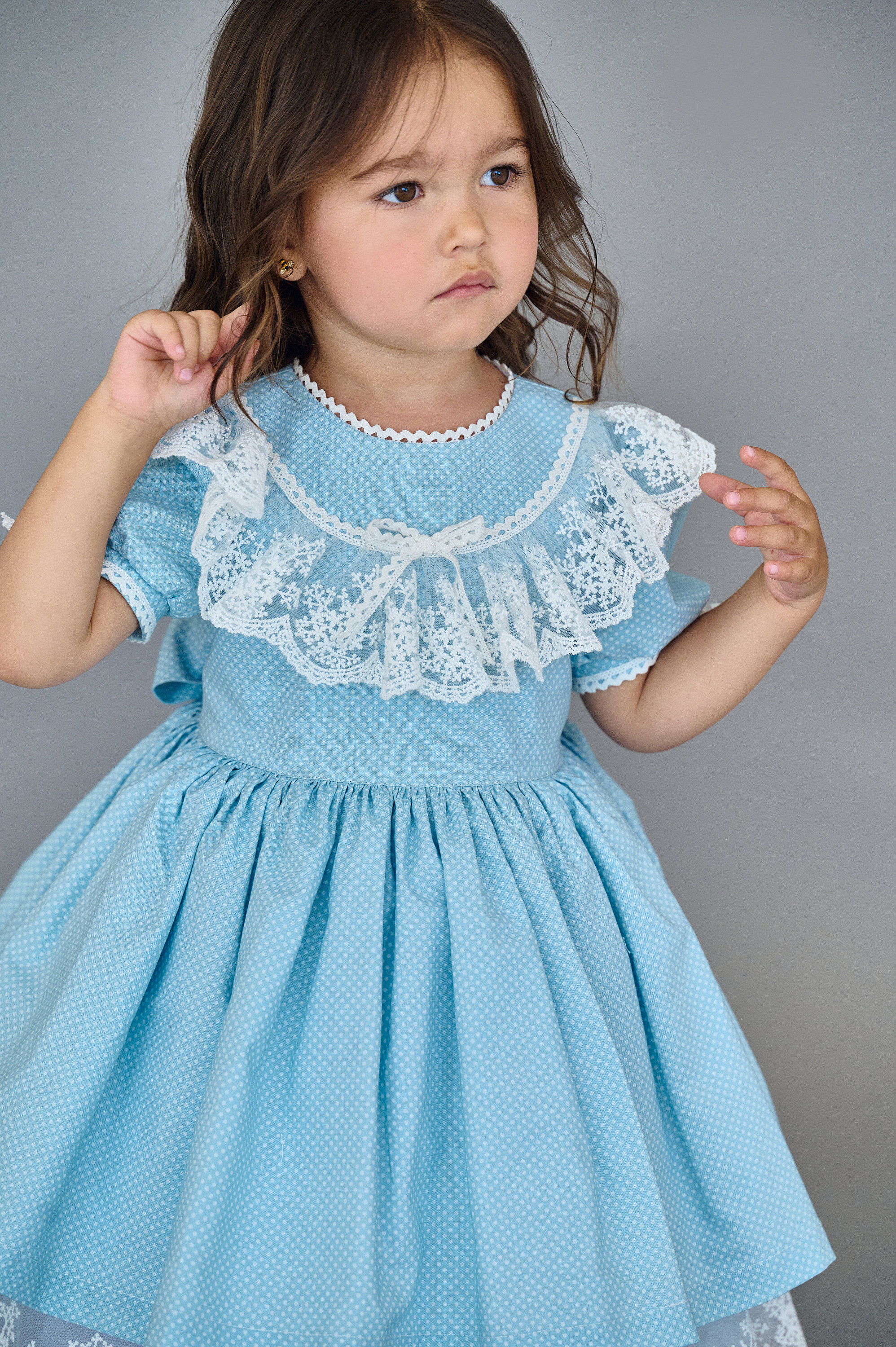 Easter Dress for Baby Girl and Toddler Made from Organic Cotton , Blue Birthday Boho Lace Frock for Newborn and Infant